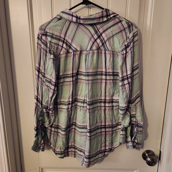 Soft Mint Green and Lavendar Flannel Button-down Blouse with Front Pocket - Picture 2 of 3